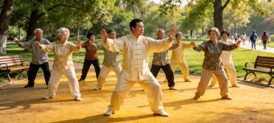 老年人在公园里跟随教练进行太极拳等温和的健身活动